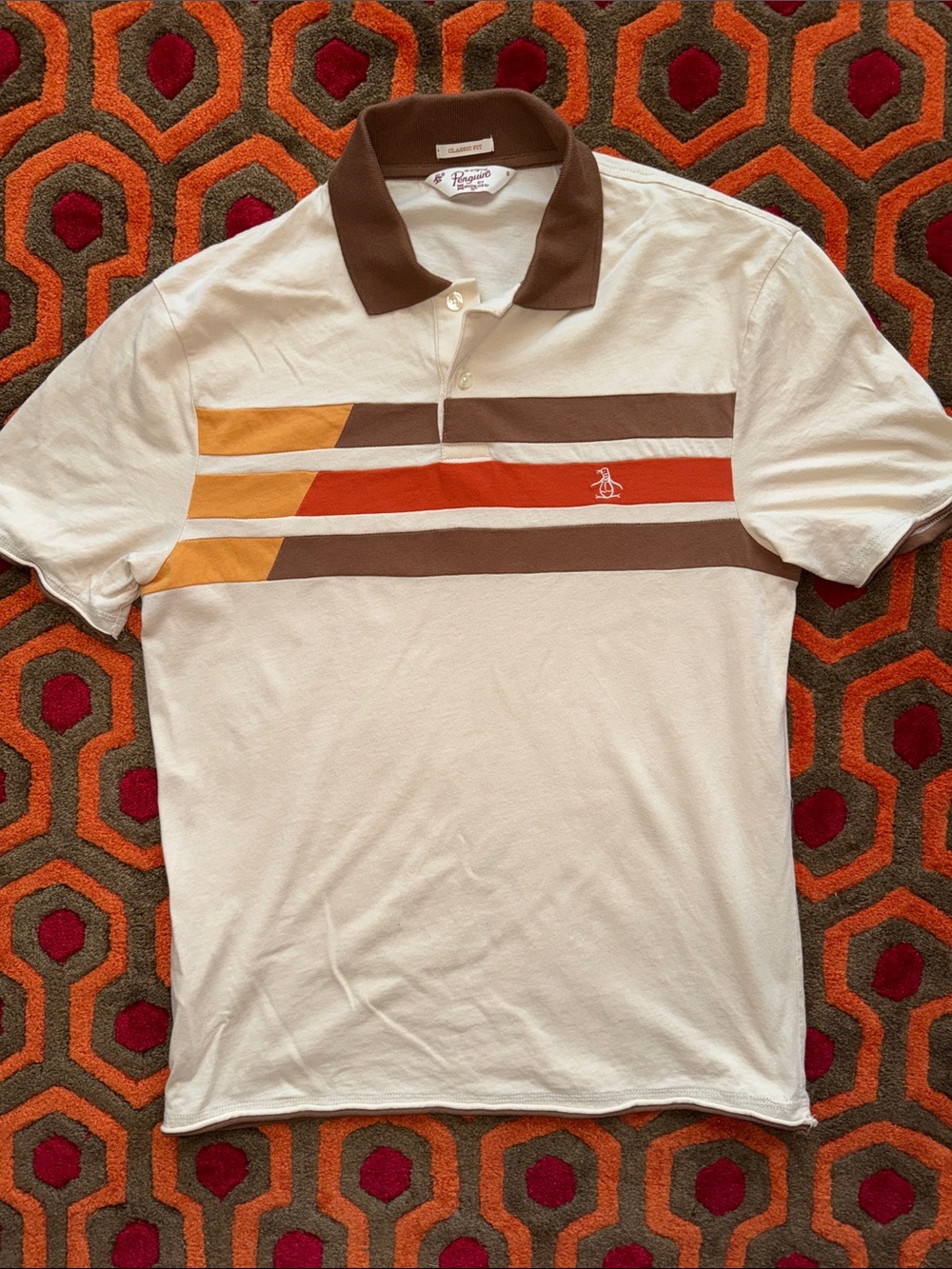 MAKE OFFER!  Original Penguin Polo shirt Brown Collar Orange & Yellow Men's S
